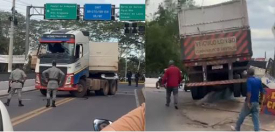 Carreta trava acesso da ponte entre Barra do Garças e Aragarças e causa congestionamento