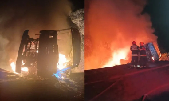 Carreta pega fogo após tombar e deixa vítima carbonizada em rodovia de MT