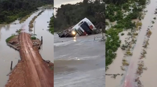 Carreta tomba após estrada alagar e deixa trecho da E60 intransitável no norte de MT