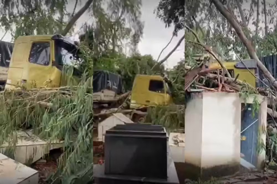 Carreta desgovernada invade cemitério e destrói túmulos em MT