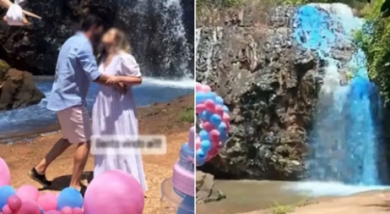 Água de cachoeira tingida em chá revelação em MT não apresenta alterações, segundo Sema; responsável pelo evento será autuado