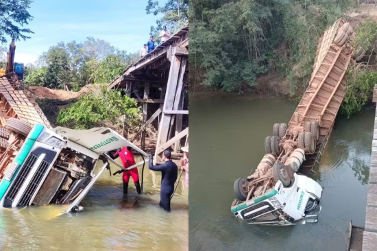 Motorista morre afogado após carreta com gado cair de ponte sobre rio em Mato Grosso