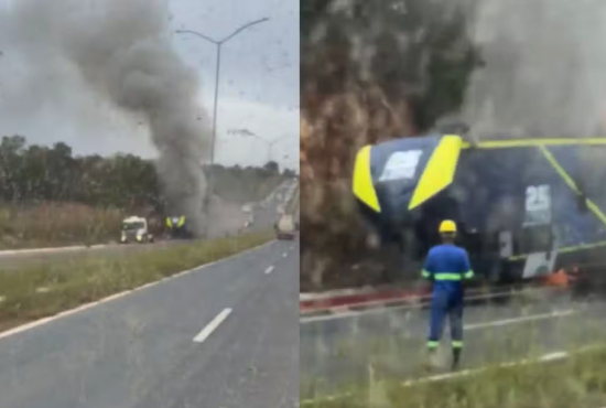 Motorhome pega fogo às margens de rodovia e mobiliza Corpo de Bombeiros