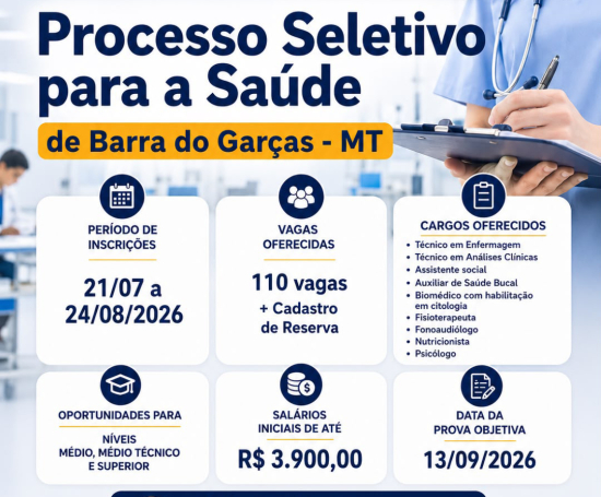 Prefeitura de Barra do Garças abre processo seletivo para contratação temporária na Saúde