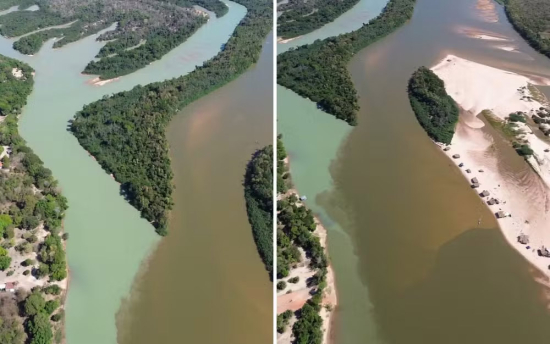 Encontro das águas do Rio do Peixe e Araguaia impressiona turistas com contraste de cores em Goiás