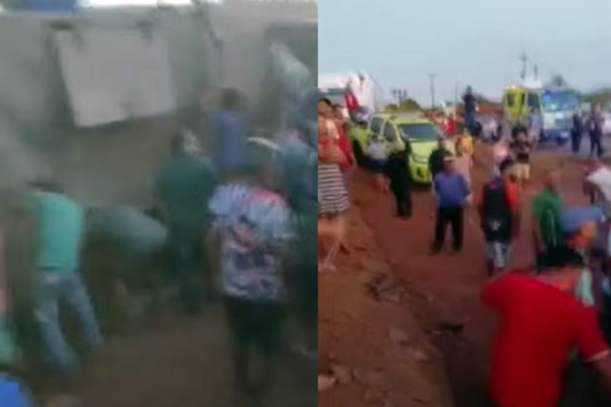Grupo é flagrado saqueando porcos após carreta tombar na BR-070