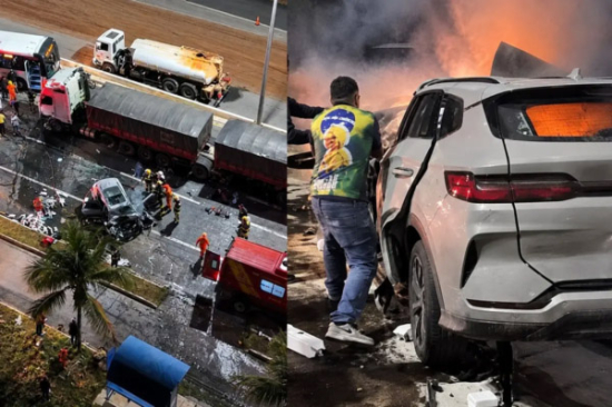 Motorista morre após carro elétrico pegar fogo em acidente com caminhão na GO-020