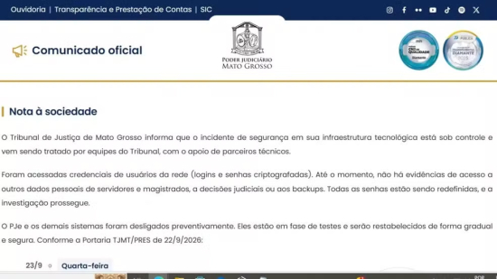 TJMT mantém sistemas fora do ar após incidente de segurança, mas PJe volta a funcionar