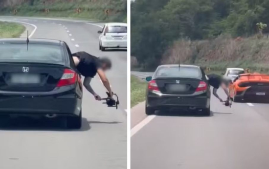 Videomaker se pendura para fora de carro para filmar Lamborghini na BR-153