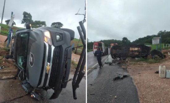 Policiais ficam feridos após viatura do batalhão de choque bater contra carreta e capotar em rodovia de Goiás