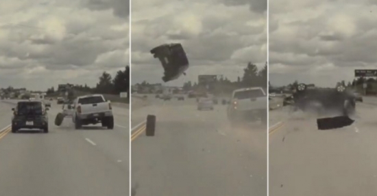 Pneu se solta de caminhonete e atinge carro, que é arremessado a três metros de altura; veja vídeo