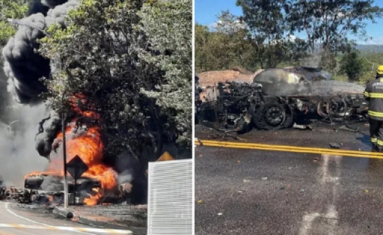 Motorista tem corpo queimado após caminhão com combustível de aviação explodir