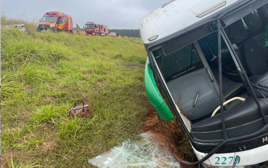 Ônibus com 16 passageiros tomba na GO-070 e deixa 4 feridos