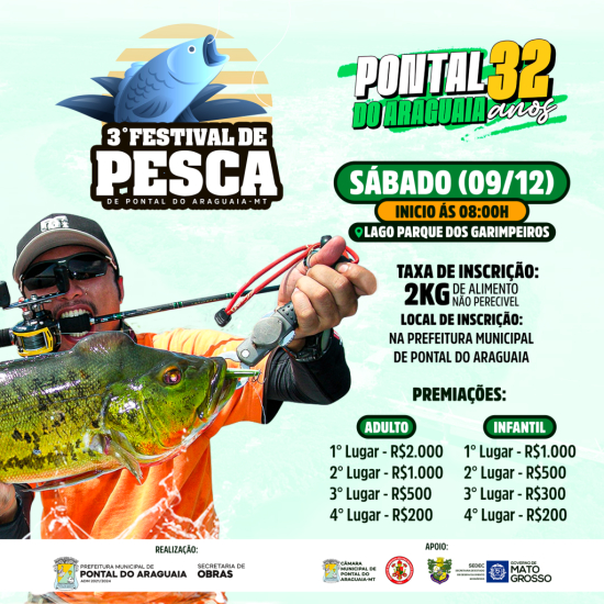 Prefeitura de Pontal do Araguaia Anuncia o 3° Festival de Pesca em Comemoração ao 32° Aniversário do Município