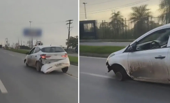 Carro é flagrado trafegando sem pneu e com para-choque arrastando pela BR-153