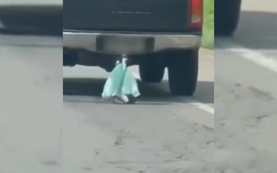 Gato é arrastado dentro de sacola presa em engate de caminhonete por rua de Goianira