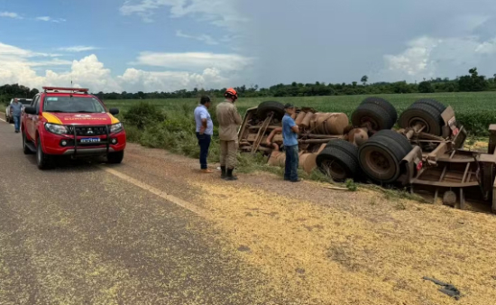 Caminhão tomba e mulher morre soterrada por carga de soja em MT