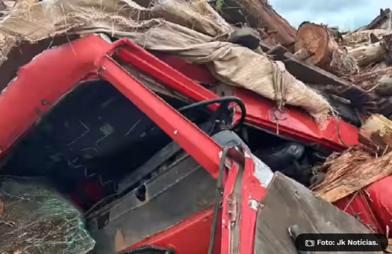 Motorista “nasce de novo” após pular de caminhão em movimento e carga de madeira esmagar cabine