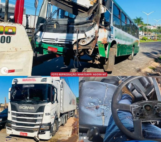 Motorista de ônibus fica ferido após veículo ser atingido por carreta na BR-070