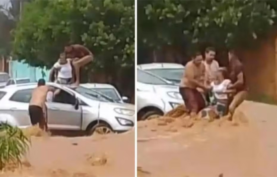 Mulher é resgatada por moradores após ter carro levado por enxurrada