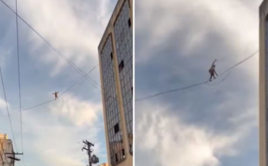 Equilibrista se arrisca ao andar em corda entre prédios em Goiânia