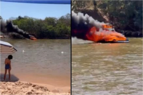 Lancha pega fogo na praia da Arara, em Pontal do Araguaia