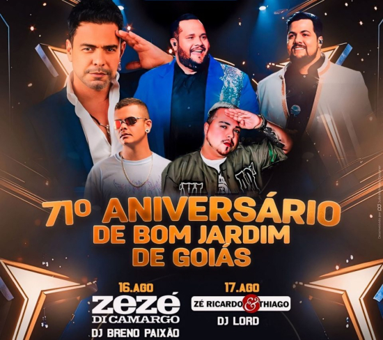 Show de Zezé Di Camargo nesta sexta-feira (16/8) para comemorar aniversário de Bom Jardim-GO