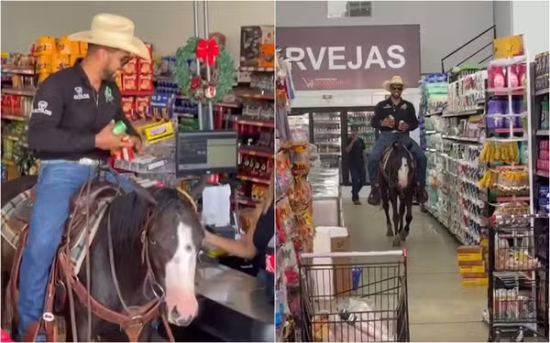 Estudante montado a cavalo faz compras em supermercado e até para em caixa junto com o animal para pagar