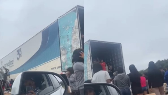 Caminhão é saqueado por dezenas de pessoas na BR-070, próximo a Primavera do Leste