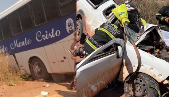 Passageiro morre em colisão entre carro e ônibus de viagem na MT-473