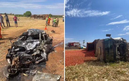 Duas pessoas morrem carbonizadas após carro bater em carreta